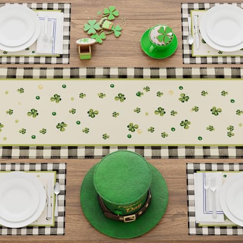 XCHI Watercolor Plaid Green Shamrocks Clovers St. Patrick's Day Table Runner Table Decoration for Party Home Kitchen Dining Holiday Decor 13x72 Inch #3