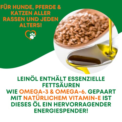 Mahu Natur Leinöl Für Hunde 1 Liter - Barföl Nativ Mit Omega 3 & 6 Fettsäuren - Leinöl Pferde, Hunde & Katzen Natürlicher Futterzusatz Zum Barfen - 1000ml Leinsamenöl In Recyclebarer Dose
