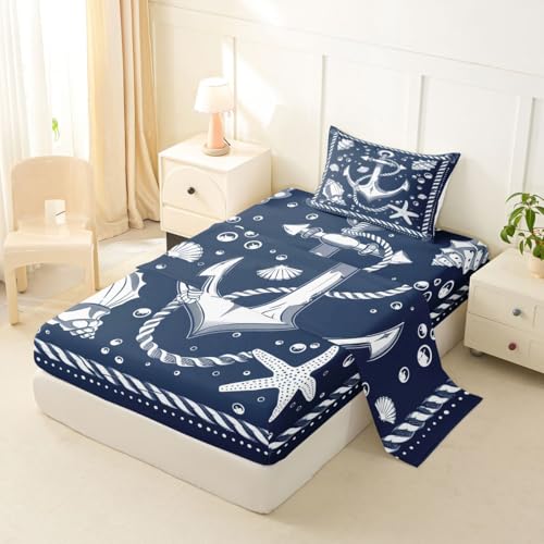Image of jejeloiu Nautical Theme Bed Sheets Sets Twin Size Kids Boys Girls Compass Anchor Decor Bedding Set Ocean Shells Starfish Bed Sheet Set with 16-Inch Deep Pockets 3Pcs with 1 Pillow Cases
