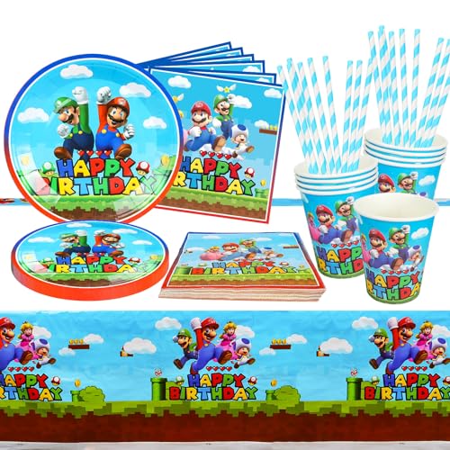 Sinwind Super Mario Louça para festa de aniversário, louça de festa de super mario, conjunto de louça de 73 unidades Mario Party inclui palhinhas, pratos, copos, papel de seda, toalha de mesa - 10