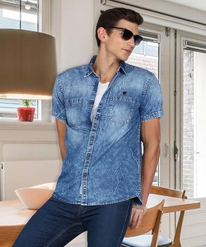 Image of Kuons Avenue Men's Half Sleeve Denim Shirt | Double Pockets - Comfortable Everyday & Casual Outing Wear