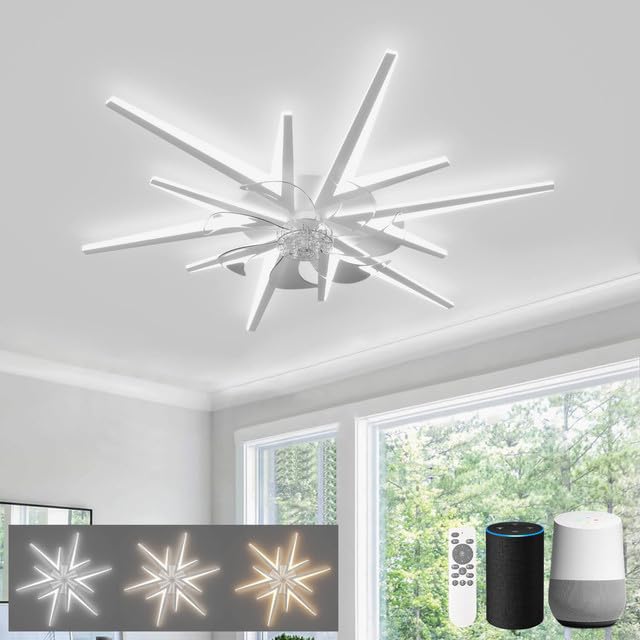LJX 92cm Modern Ceiling Fans with Lights, Compatible with Alexa(2.4GHz WiFi), 72W Dimmable LED, Silent 6-Speed Reversible Chandelier Fan Light for Bedroom Lounge, White