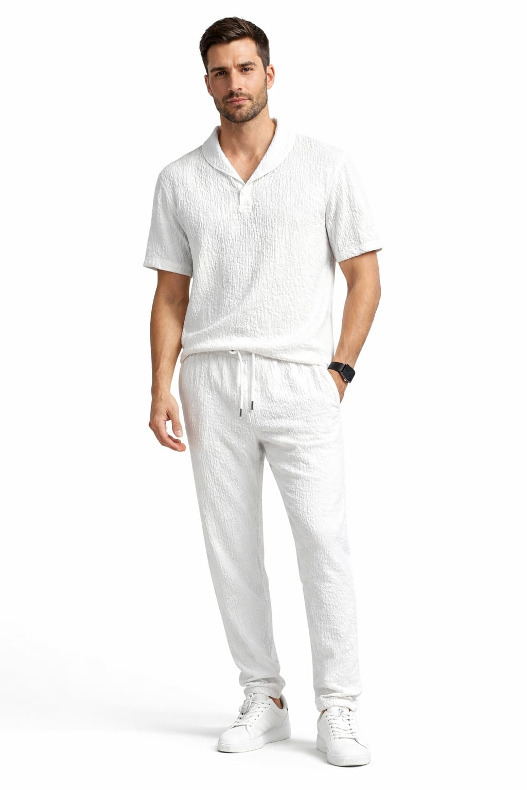 WEARICH Men's Linen Cotton Set, White, Short Sleeve Shirt and Drawstring Pants, Textured Fabric, Casual Summer Outfit (XL)
