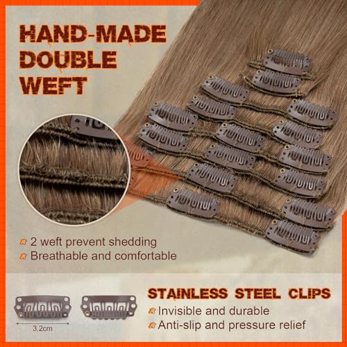 Image of Benehair Real Hair Extensions Clip in Human Hair 20inch Long Straight Remy Natural Full Head 8pcs 18 Clips Human Hair Clip in Extensions for Women No Tape No Glue Clip ins #12 Golden Brown