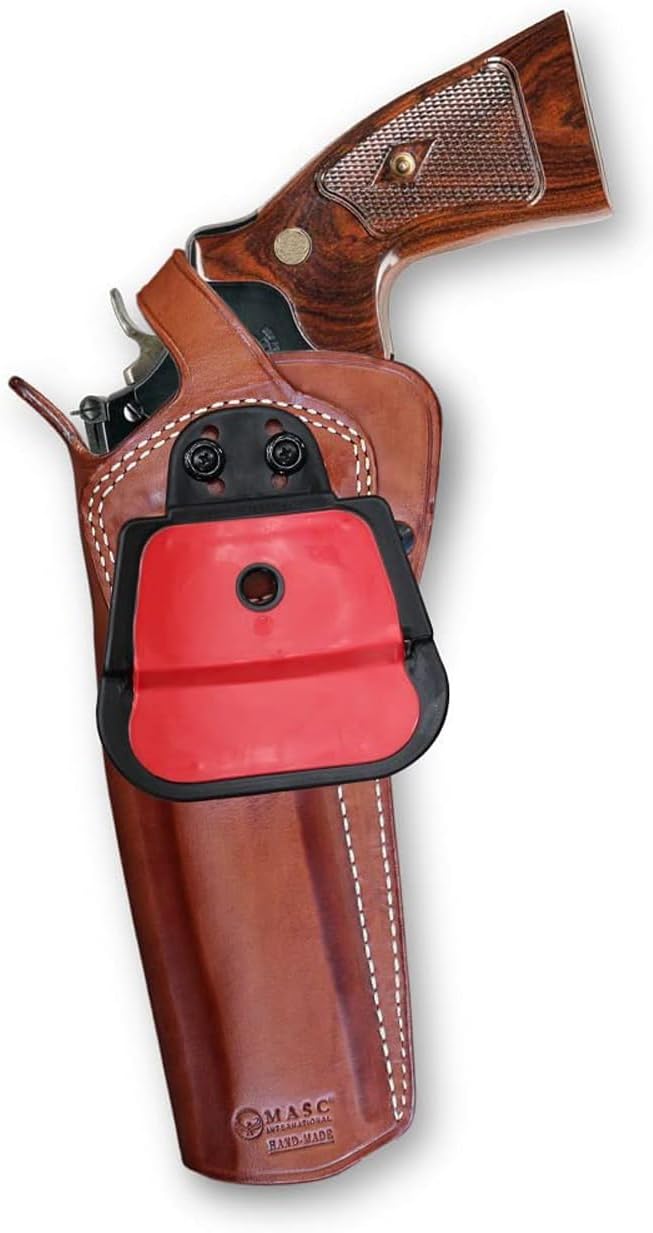Masc OWB Leather Paddle Revolver Holster with Retention Strap, Fits N-FR .44 Model 29/629 Standard Barrel 6-inch, Right Hand Draw Brown Color #1439#