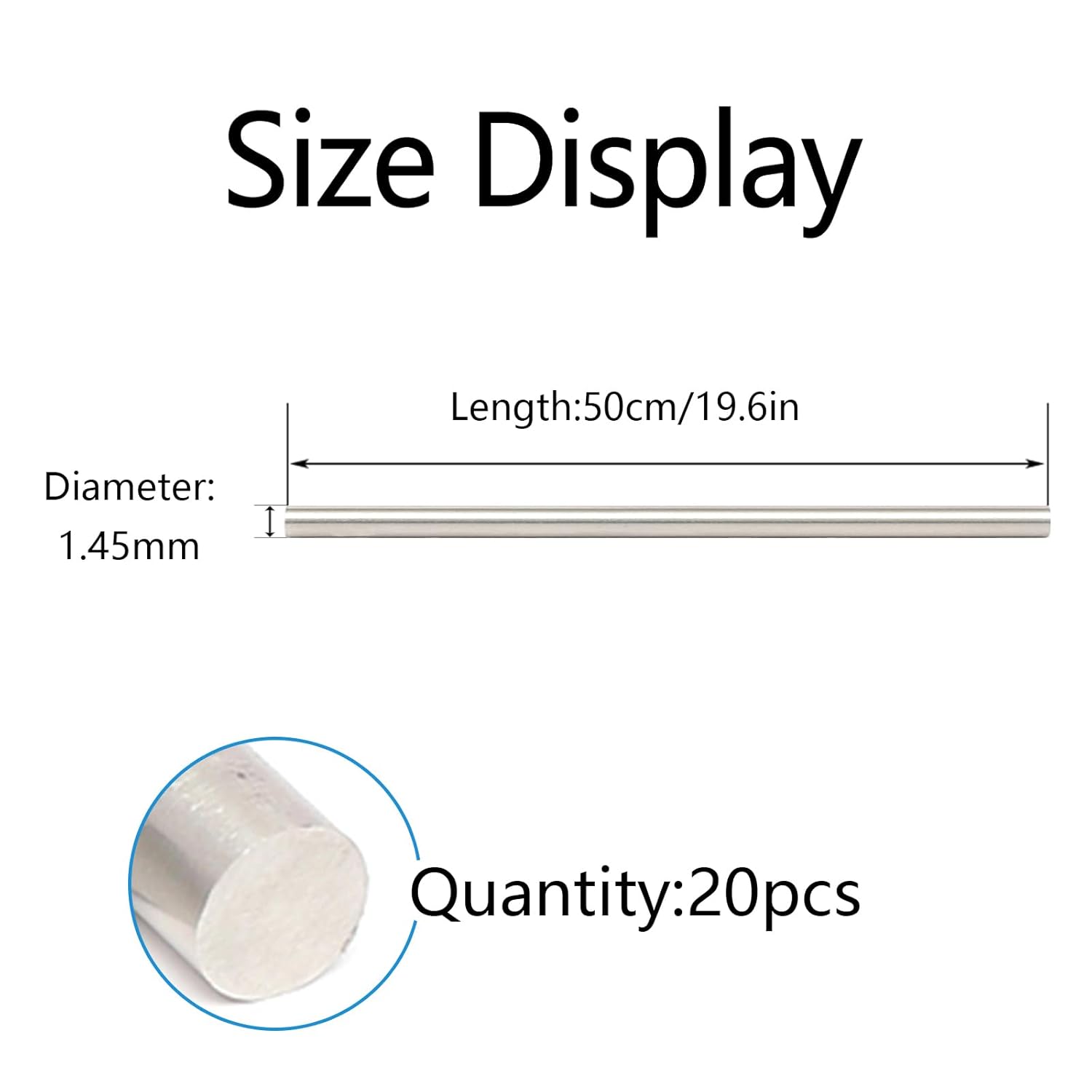 Stainless Solid Steel Spring Wire High Precision Diameter Steel Wire for Woven Springs, 50cm (19.6In), 20Pcs,Diameter:1.45mm