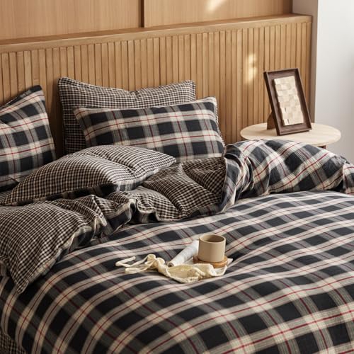 EAVD Classic Black Plaid Duvet Cover King Soft 100% Cotton Muslin Modern Red Black Grid Plaid Bedding Set with 2 Pillowcases Reversible Gingham Geometric Duvet Cover with Zipper Closure - Image 5