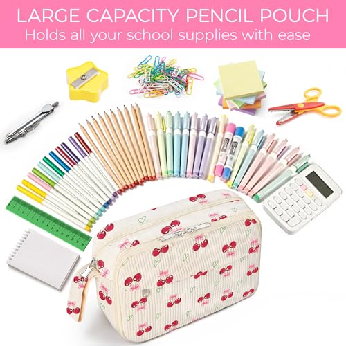 Image of WOBAGMEN Cute Pencil Case,Large Corduroy Zippered Pencil Case Pouch, aesthetic Pencil Bag with Compartments, Pencil Pouch School Supplies (HY-corduroy pc-cherry)