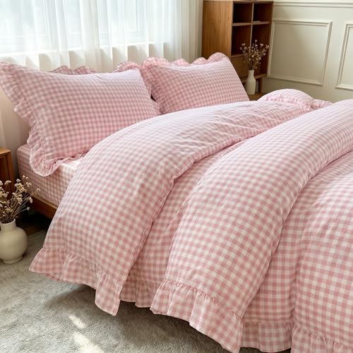 Image of Nayoroom Gingham Duvet Cover Queen Size Pink Ruffle Plaid Checkered Duvet Cover 3 Pieces Soft Washed Microfiber Vintage Farmhouse Dorm Bedding Set Gifts for Women Men