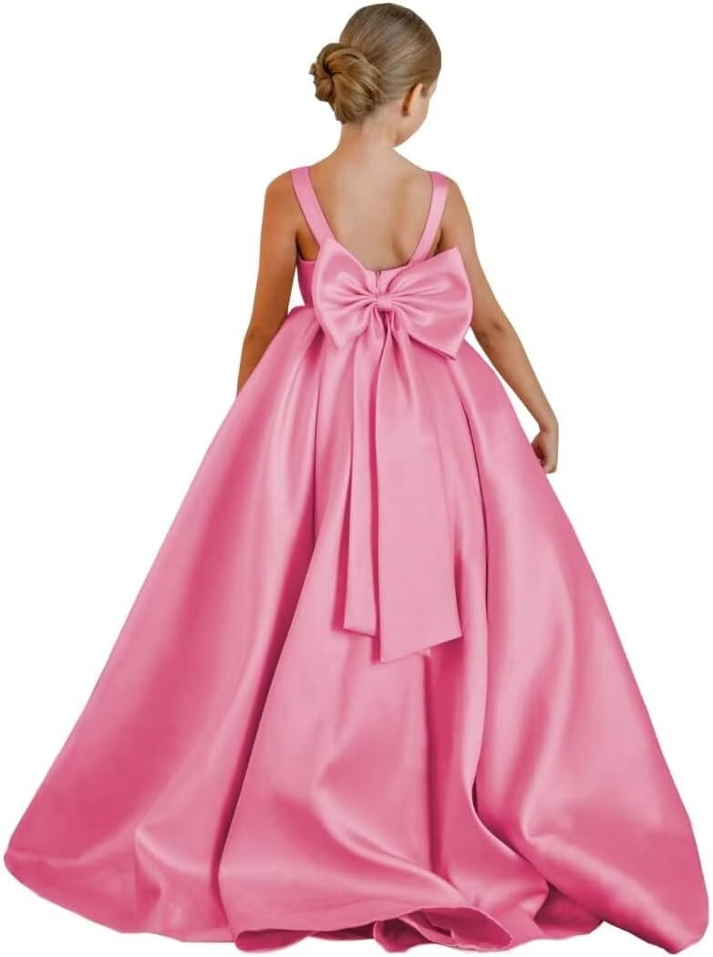 Flower Girl Dress for Wedding Satin Pageant Dresses First Communion Dress with Bow Ball Gown