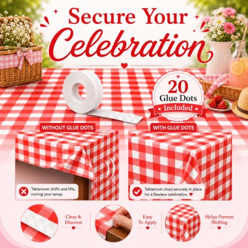 Image of Blue Orchards Red Gingham Table Cover (Pack of 3 with 20 Glue dots) - 54 inchx108 inch XL - Red and White Checkered Picnic Plaid Tablecloth, Plastic Rectangle Decoration for Outdoor Birthday Party Supplies