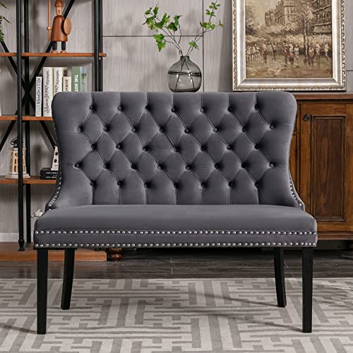 Civama Velvet Loveseat Settee, Nikki Collection Modern Dining Chair, Upholstered Contemporary Banquette Bench With Back, Button Tufted Comfy Accent Sofa Couch With Solid Wood Legs, Dark Gray #TOP1