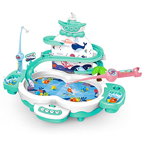 Veluoess Juego de Pesca Juguete, Juguete de Pesca Magnético con 3 Delfines, 10 Peces, 2 Cañas de Pescar, 2 Redes de Pesca y 2 Arpones Juguetes Montessori Regalo Educativo para Niños Cover