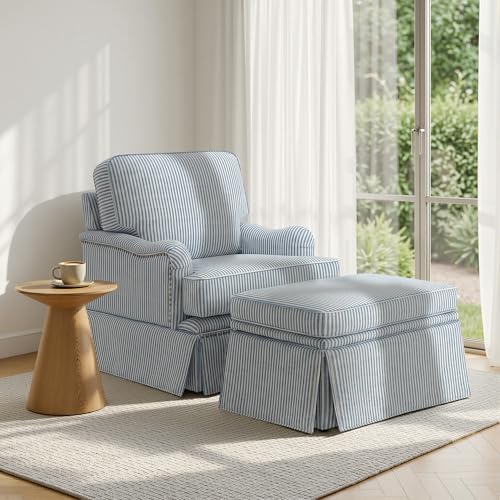 UIXE Striped Swivel Accent Chair with Ottoman, Fabric Upholstered Armchair Skirted Base Club Chair for Living Room, Modern Arm Chair Single Sofa Bedroom Reading Seat - Pinstripe Blue