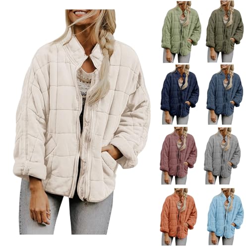Chaquetas de invierno para mujer, chaqueta acolchada ligera de color sólido con bolsillos, abrigo de invierno cálido de manga larga con cremallera completa, # Blanco, L