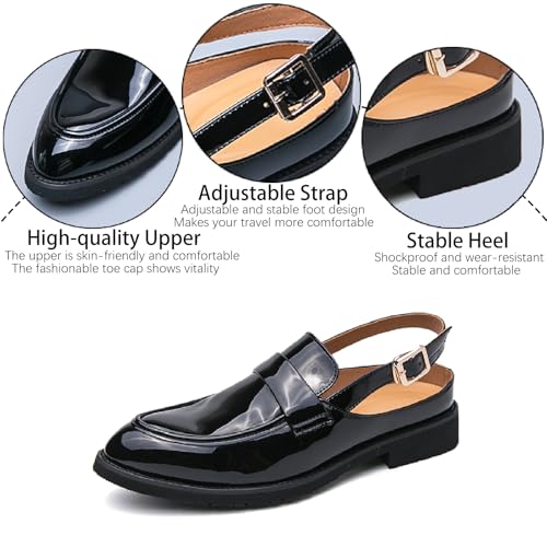 Men's Patent Leather Closed Toe Sandals with Adjust Buckle Strap Anti-Slip Breathable Pointed Toe Block Heel Slingback Dress Sandals for Business Office Walking Driving Shoes3