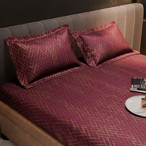 Image of Stoa Paris 300TC UltraSatin Double Fitted Bedsheet Set with 2 Pillow Covers, Gentle on Skin & Hair, Wrinkle & Fade Resistant, Home Decor, Gift for Couple, Starlit Night - Wine (152cmx198cm+30cm)