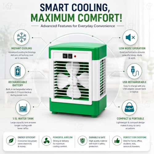 Image of DRUMSTONE ( 2026 Brings 5 Years WARRANTY ) Mini Air Cooler Rechargeable Portable Cooling Fan for Home Office Study Room, 1.5L Water Tank, USB Charging, Energy Saving Personal Cooler