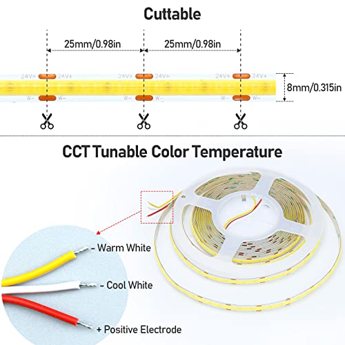Goming 24V Cct Tunable Cob Led Strip Lights 2700-6500K White Adjustable 16.4Ft(5M) 608Leds/M Cri 93+ Flexible High Brightness No-Waterproof Ip33 Led Tape Lights For Bedroom Kitchen Home Decoration #TOP2