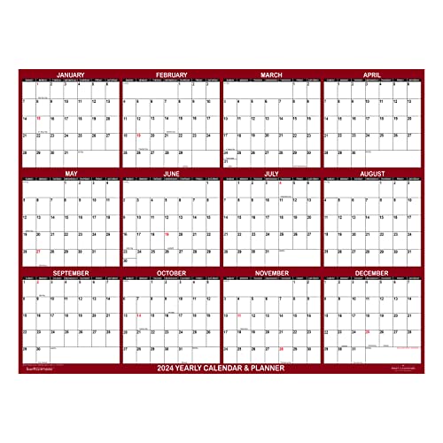 32" X 48" Swiftglimpse 2024 Wall Calendar Erasable Jumbo Xl Wet & Dry Erase Laminated 12 Month Annual Yearly Wall Planner, Reversible, Horizontal/Vertical, Maroon #TOP1