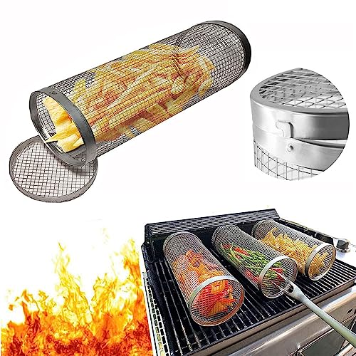 New Rolling Grilling Basket - With Rotary Switch, Round Stainless Steel Bbq Grill Mesh,Portable Outdoor Camping Bbq Rack For Fish, Shrimp, Vegetables, Barbeque Griller Cooking Accessories( M-7.87*3.54*3.54Inch)(1Pc) #TOP6