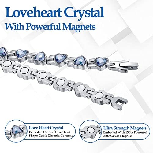 Jecanori Lymphatic Drainage Magnetic Bracelet for Women,Titanium Steel Magnetic Wristbands with Gorgeous Sparkling Love Heart Shape Cubic Zirconia Costume,Brazaletes with Removal Tool&Gift Box