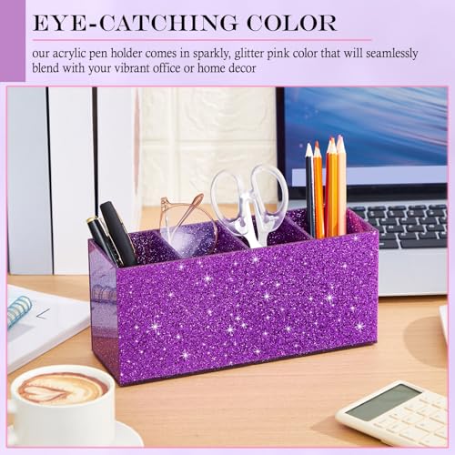 Image of Jetec Acrylic Glitter Pen Holder 4 Compartments Bling Makeup Brush Stationery Organizer Pencil Holder for Desk Accessories Sparkly Gifts for Women Birthday Valentines Desktop Workplace Office(Purple)