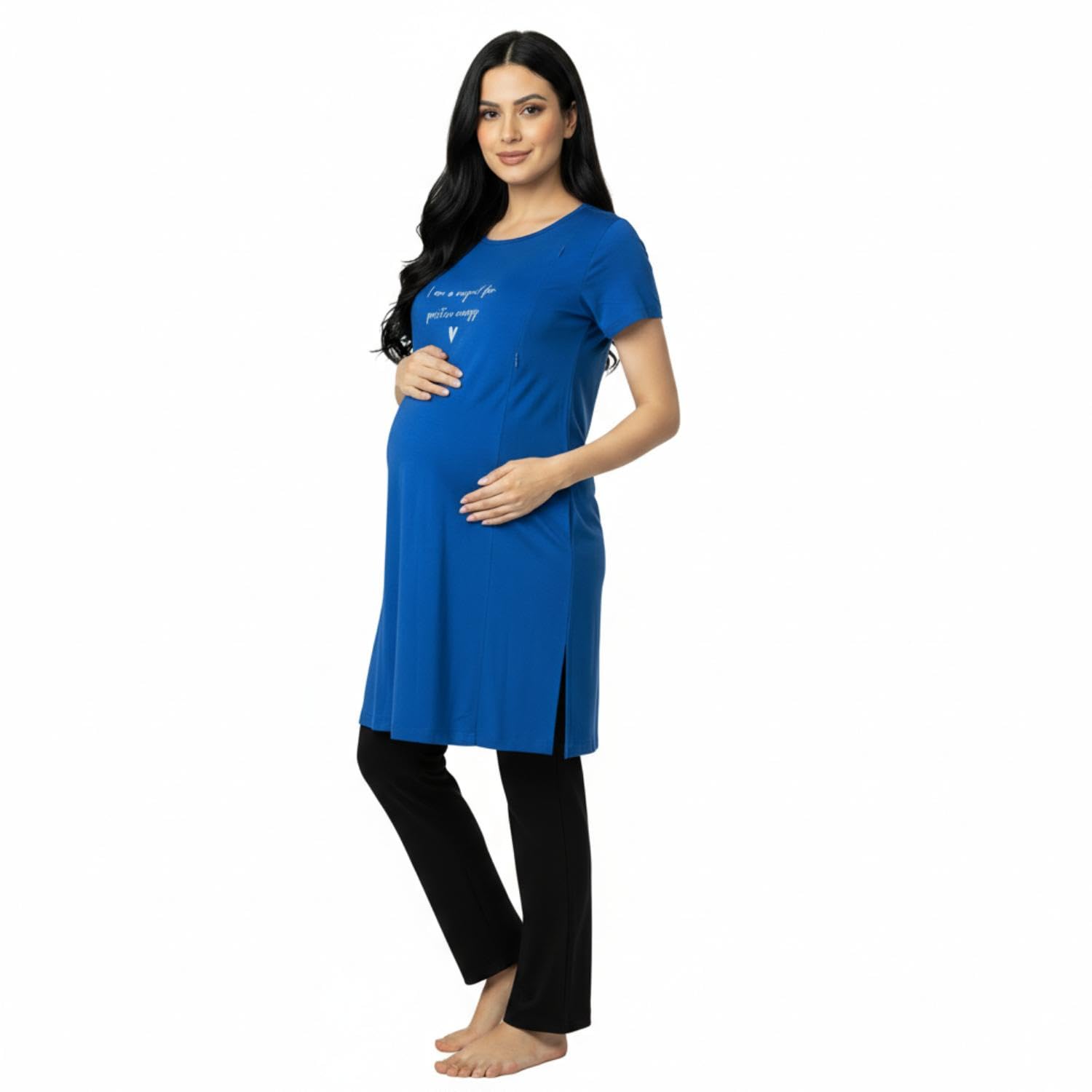 Women Combed Cotton Maternity Lounge Blue T-Shirt & Black Pant Set-image-43