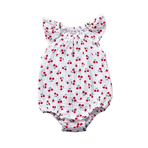 Image of xkwyshop Newborn Infant Baby Girl Romper Bodysuit Flying Sleeve Jumpsuit Playsuit Outfit Cotton Linen Clothes 0-24M (Cherry-White, 0-6 Months)