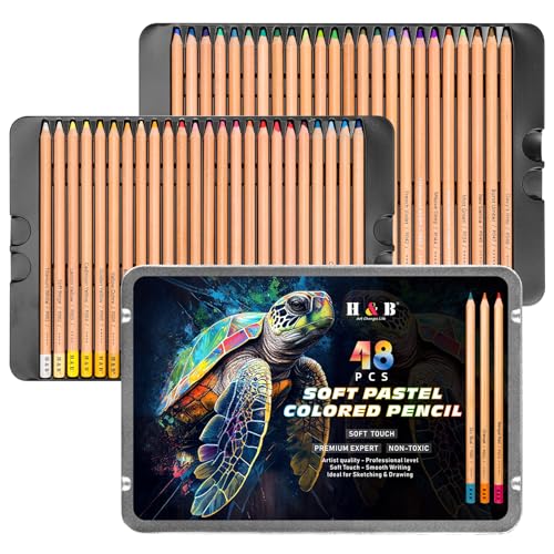 H & B 48 Professional Soft Pastel Pencils in Metal Tin for Art Sketching