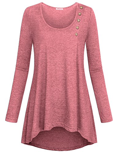 Tunic Tops for Leggings for Women,SeSe Code Ladies Stretchy Long Sleeve Breathable Sleek Scoop Neck Button Embellished Relax Fit Ruched Knits Flared Hem Shirts Blouses Brick Red XXL