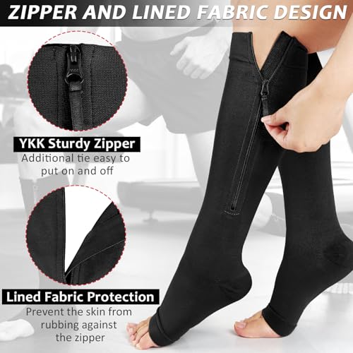 Image of Ailaka Zipper Compression Socks for Women Men, 20-30 mmHg Open Toe Compression Socks Knee High, Ted Hose Compression Stockings for Edema, Varicose Veins