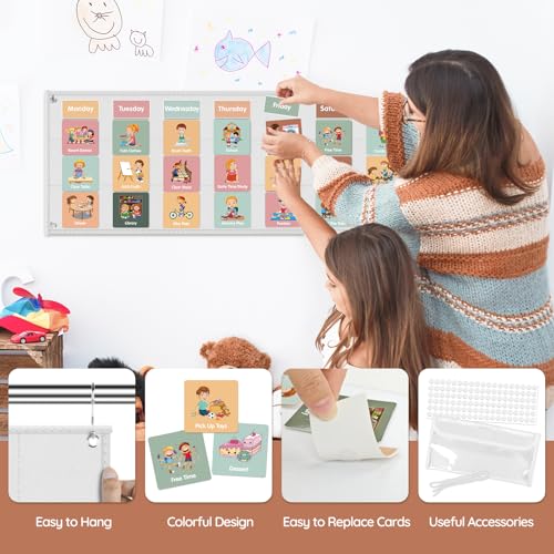 Image of Large Visual Schedule for Kids Chore Reward Chart,Bedtime Routine Chart for Toddlers,Double Side Schedule Board with 109 Cards for Home School Planner,Autism Learning Materials (White)