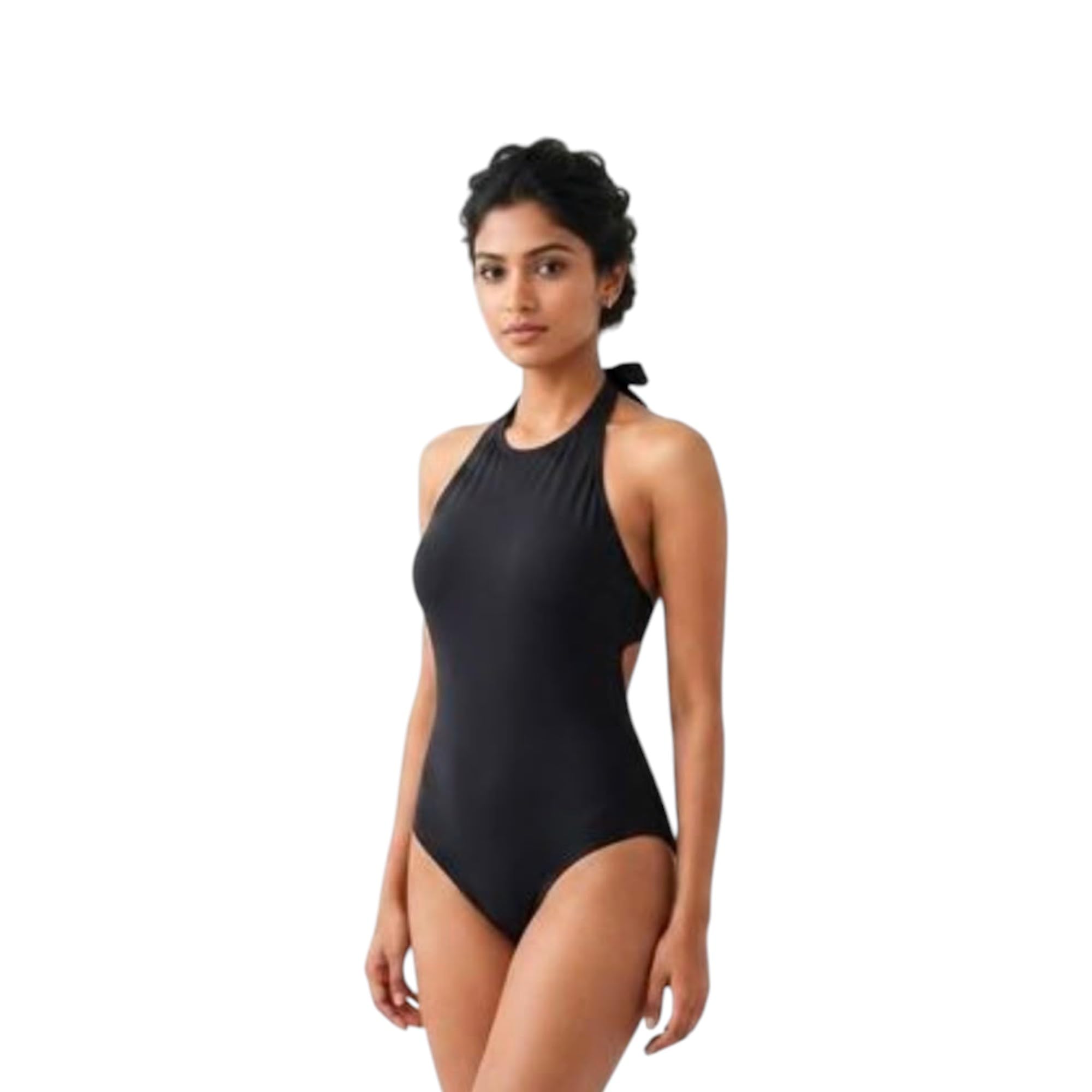 Women's Solid Black Halter Neck One Piece Swimsuit | Backless Monokini | Stretchable Swimwear for Women-image-11
