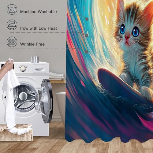 Rideau de douche vagues et chaton mignon en polyester imperméable 180x200cm