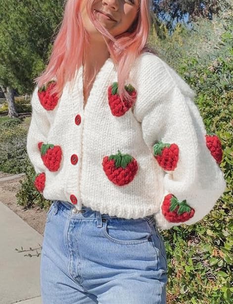 UAURORAO Women Oversized Cute Cardigan Fruit Embroidered Cropped Sweater Coat Button Chunky Knit Aesthetic Cardigans3