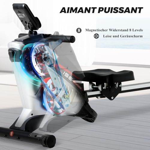 ISE Rameur Musculation, Rameurs Pliable Appartement, Rameur Magnétique 8 Niveaux Résistance, Rowing Machine Silencieux Stable, Rails Solide&Lisse, Rameurs Ecran LCD, Siège Ergonomique, Cardio-Training – Image 4