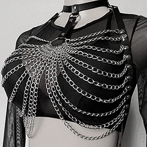 Salliy Punk Waist Chain Black Leather Body Chain Harness Belly Belt Chains Nightclub Party Body Accessories Jewelry For Women And Girls (F) #TOP6