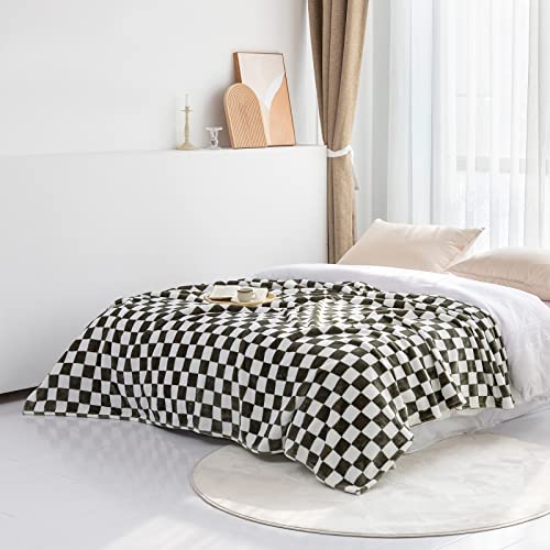 LOMAO Throw Blankets Flannel Blanket with Checkerboard Grid Pattern Soft Throw Blanket for Couch, Bed, Sofa Luxurious Warm and Cozy for All Seasons (Dark Olive, 90"x110")