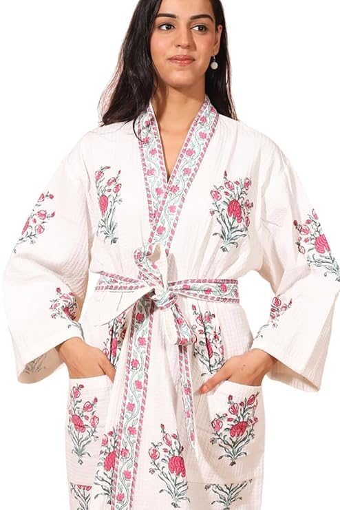Image of Hand Block Print Cotton Waffle Fabric White Bathrobe For Women's Ultra-Soft & Lightweight After Bath Spa Bathrobe | Highly Absorbent Red Flower