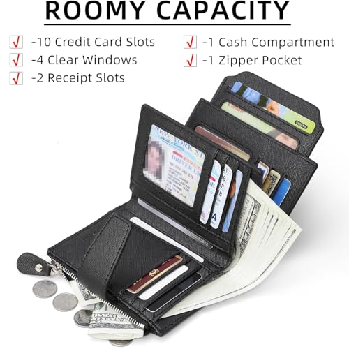 Small Wallet for Women Leather RFID Blocking Credit Card Holder Luxury Leather with Zipper Coin Pocket,ID Window (Black)2