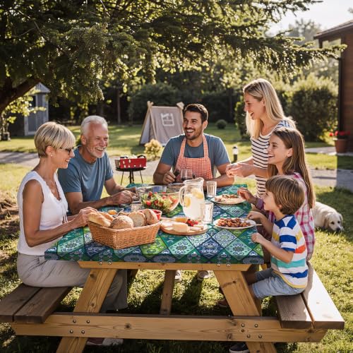 memKiya Fitted Waterproof Picnic Table Cover with Bench Covers Elastic 96×30In 3 Piece Camping Table Cloth for 8Ft Rectangle Tables Outdoor Camper Gifts Supplies Patio Rv Traveling Hiking Must Haves by memKiya - Used condition - Image 6