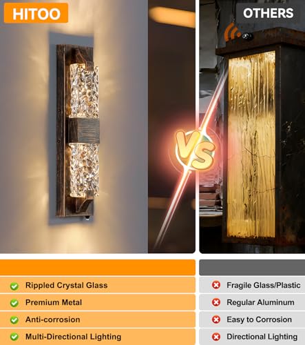 Image of Outdoor Porch Light, 18.5 inch Rustic LED Dusk to Dawn Wall Sconce Light | Rustic Wood-Grain,Crystal Glass Shade, IP65 Waterproof,12W 3000K Hardwired, Rust-resistant for Entryway /Garage /Patio /Doorway.