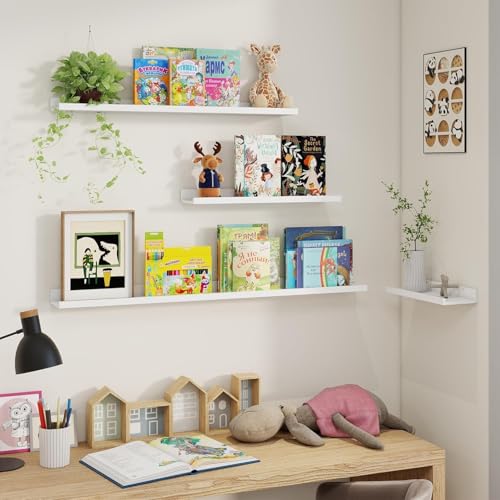 Image of Wooden Floating Wall Shelves Set of 3 for Living Room & Bedroom | Modern Wall Mounted Display Rack for Decor, Photo Frames, Plants & Storage (White, 23 Inch)