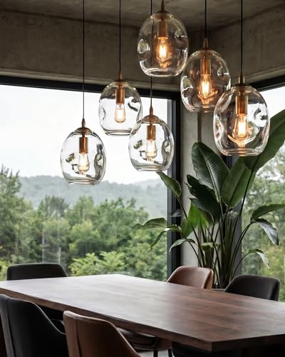 CASAMOTION Pendant Lights Kitchen Island 2 Pack Modern Contemporary Clear Glass Organic Globe Brass Gold Hanging Light Adjustable Cord Bedroom Dining Table Small Medium Lamp 8 Inch - Image 5