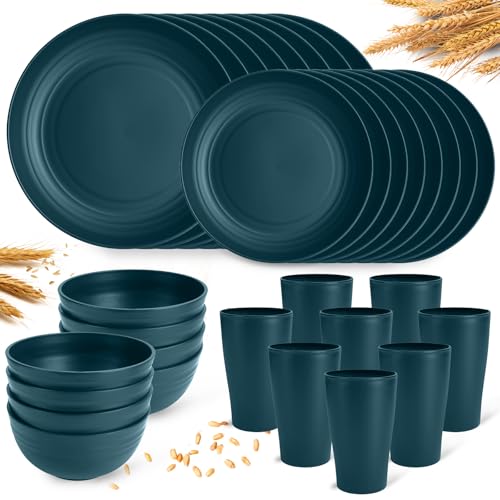 Green Unbreakable Plates and Bowls Sets Microwave and Dishwasher Safe,Dark Green Dinnerware Sets for 8,Christmas Reusable Plastic Dishes Set Lightweight for Kids Elderly Kitchen Adults Camping Outdoor