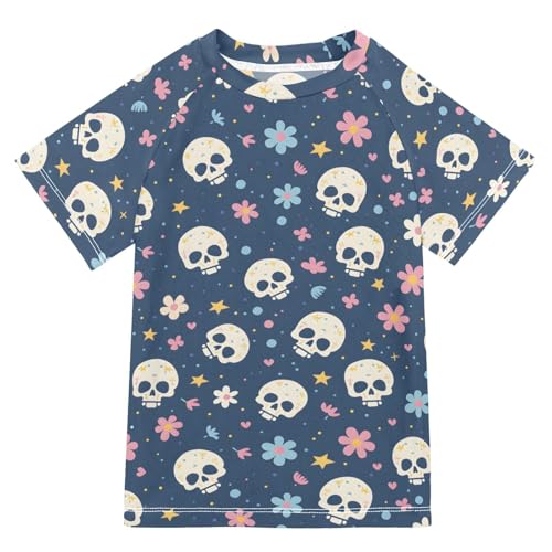 ALAZA Boys Swim Shirts Toddler Rash Guard Short Sleeve Rashguard Skull Flower Cute UPF 50+ 11-12T