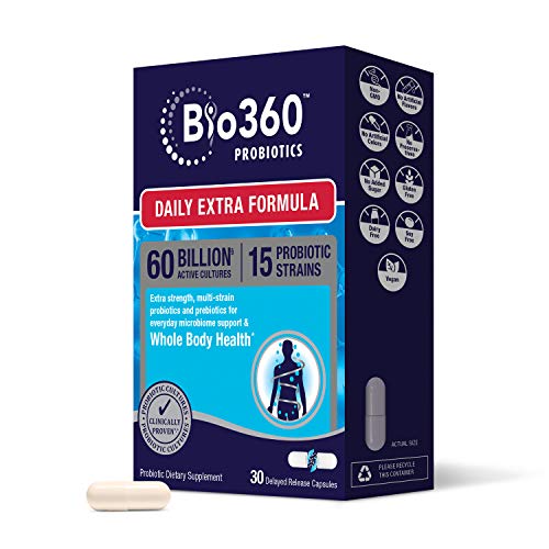 Bio360 Probiotic Daily Extra Formula | Vegan Prebiotics and Probiotics for Women & Men | 60 Billion CFU 15 Strain | Stable Blister Pack | 30 Supplements