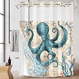 Nesphy No Hook Vintage Nautical Octopus Shower Curtain with Snap in Fabric Liner Set, Ocean Anchor Coastal Double Layers Waterproof Fabric with See Through Top Window Bath Curtain 71x74 Inch