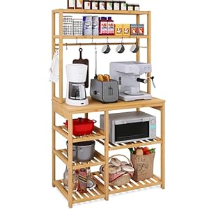 SMIBUY Kitchen Baker’s Rack, 6-Tier Bamboo Microwave Stand with Utility Storage Shelves, Coffee Bar Table Station, Kitchen Organizer Rack with 10 S-Shaped Hooks, 31.5 Inch Width (Natural)